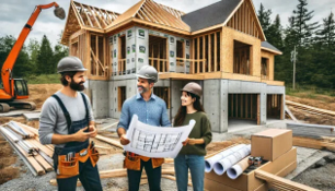 Wood-framed house under construction with a crane in the background